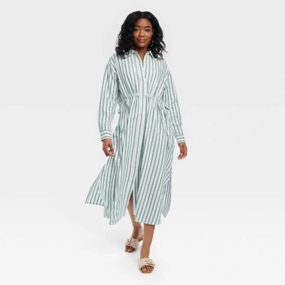 COPY - Striped Long Sleeved Green and White Tie Maxi Dress - Picture 8 of 10